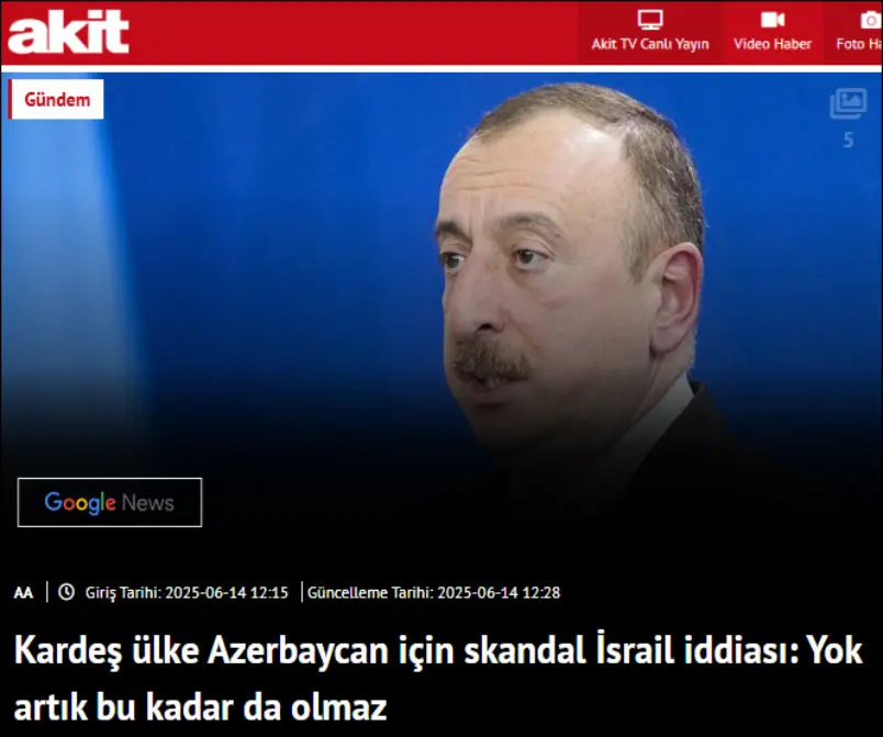 Turkish pro-government newspaper criticizes Azerbaijan over its ties with Israel
